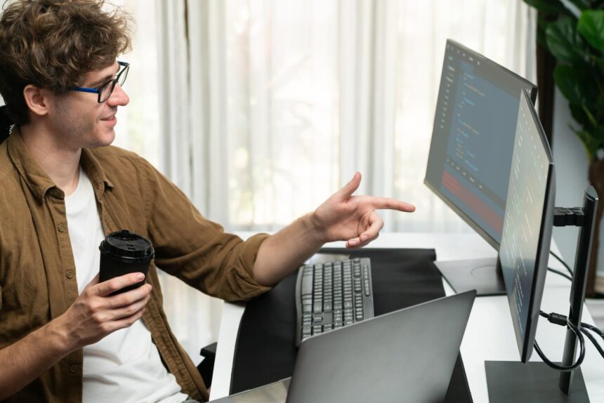 Twórca IT trzymający filiżankę kawy z oglądającym oprogramowanie online na komputerze Gusher
