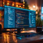 developer, workspace, code, computer, monitor, tech, programming, cozy, ambient lighting, plants, productivity, modern, office, colorful code, coding, software, technology, computer screen, work environment, programmer, desk setup, home office, digital, focus, comfortable, nature, ai generated, code, coding, coding, coding, coding, coding