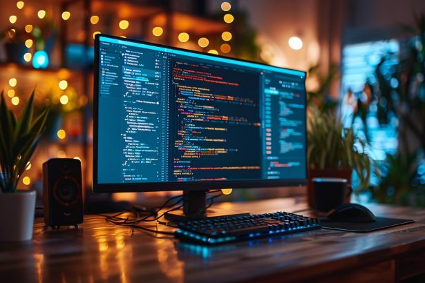 developer, workspace, code, computer, monitor, tech, programming, cozy, ambient lighting, plants, productivity, modern, office, colorful code, coding, software, technology, computer screen, work environment, programmer, desk setup, home office, digital, focus, comfortable, nature, ai generated, code, coding, coding, coding, coding, coding