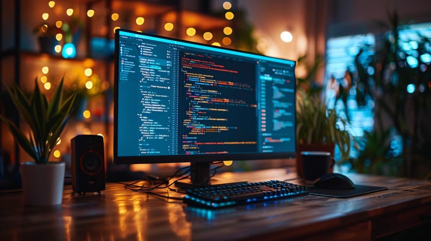 developer, workspace, code, computer, monitor, tech, programming, cozy, ambient lighting, plants, productivity, modern, office, colorful code, coding, software, technology, computer screen, work environment, programmer, desk setup, home office, digital, focus, comfortable, nature, ai generated, code, coding, coding, coding, coding, coding